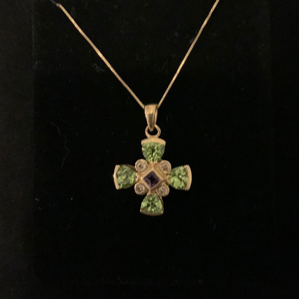 Gold cross with semi precious stones on delicate 18” chain